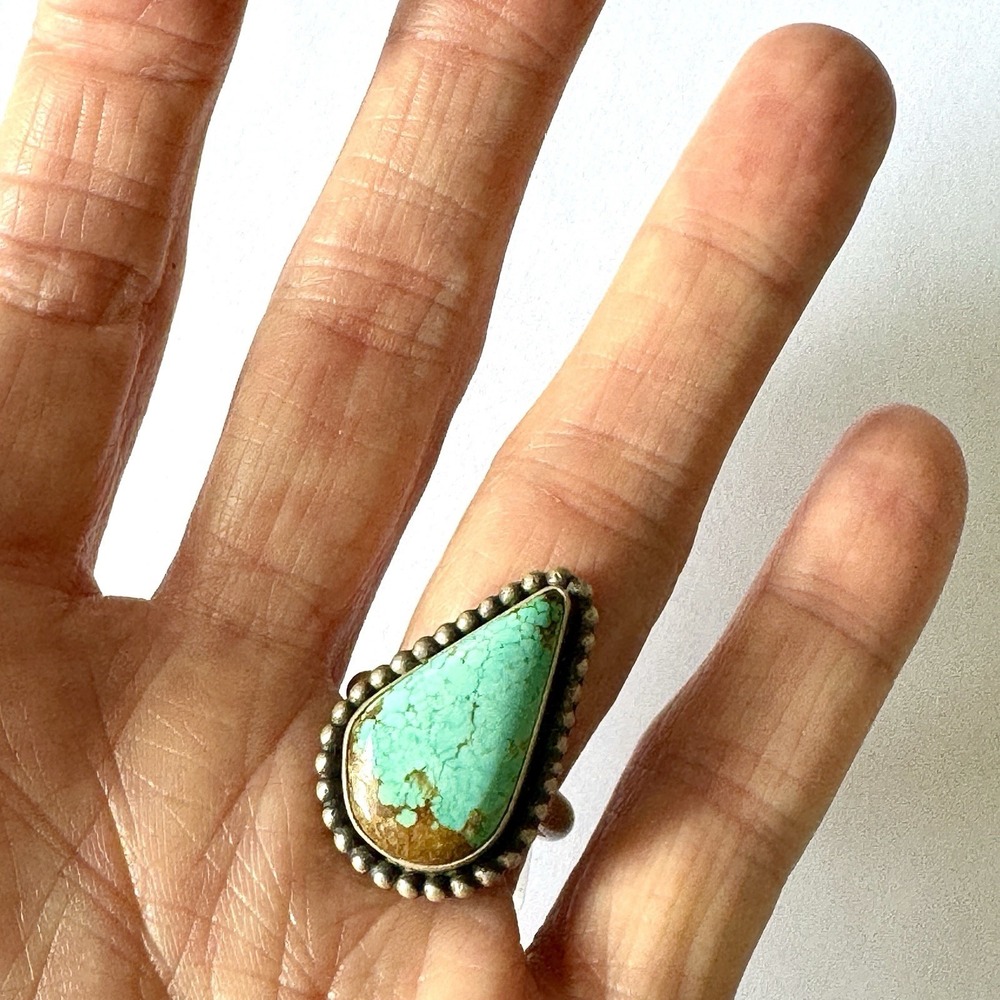 Navajo #8 Mine Turquoise Ring Sz 8.5 Teardrop Signed Skeets Sterling Native Amer - Picture 3 of 7